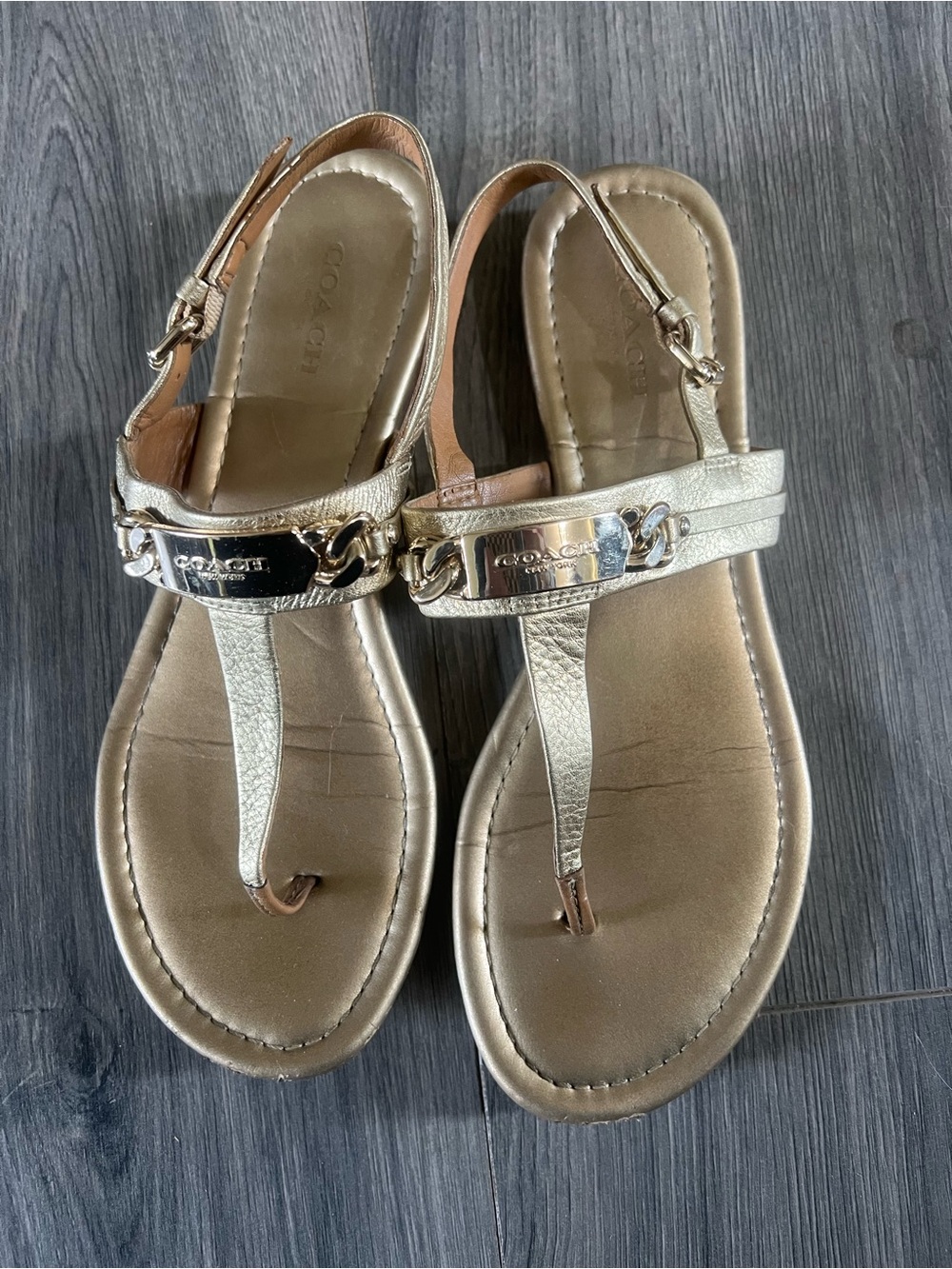 Coach Metallic Gold T-Strap Slingback Sandals